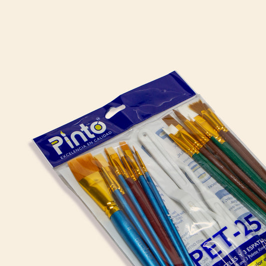 Set Con 22 Pinceles Taklon y 3 Espátulas Marca Pinto