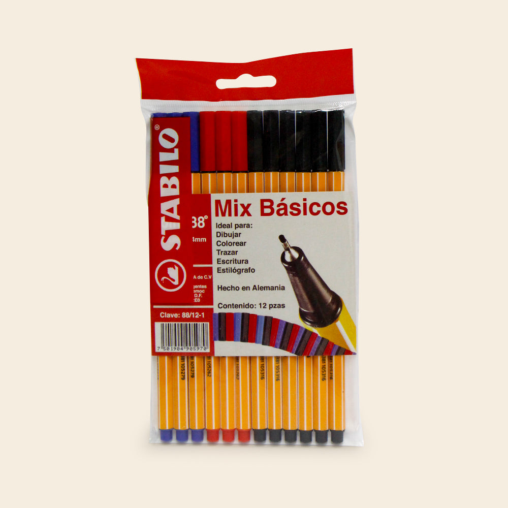 Stabilo Mix Clasicos, Set con 12 Piezas 0.4mm (ROJO, AZUL Y NEGRO)